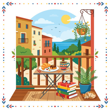 Colorful vintage illustration of a cozy outdoor caf scene.