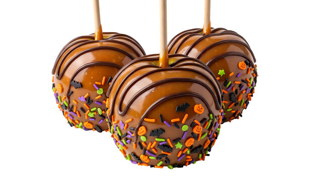 Three caramel apples with halloween sprinkles and chocolate drizzle.