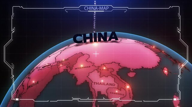 A futuristic digital globe map highlighting China at the center, including India, Nepal, Bhutan, Bangladesh, Myanmar, Laos, China map,