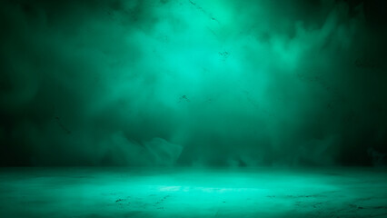 Obraz premium A premium emerald green studio background featuring a smooth, moody gradient texture with soft atmospheric smoke effects, perfect for modern product displays, professional photography backdrops,