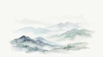 Fototapeta premium Misty Mountain Landscape Watercolor Painting - Serene Nature Scenery