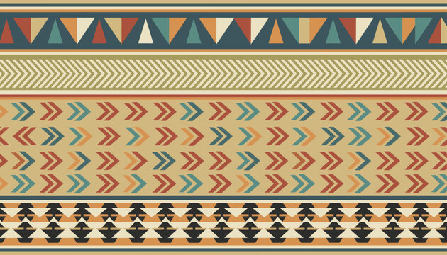 Seamless ethnic geometric pattern featuring traditional African or native American tribal ornaments, colors, and design motifs.