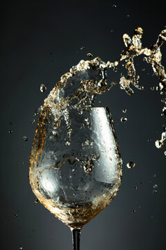 An image of white wine being splashed into a glass.
