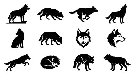 Obraz premium Wolves in Various Poses and Expressions as Black Silhouettes Featuring Wolf, Animal, Silhouette with White and Howling Elements