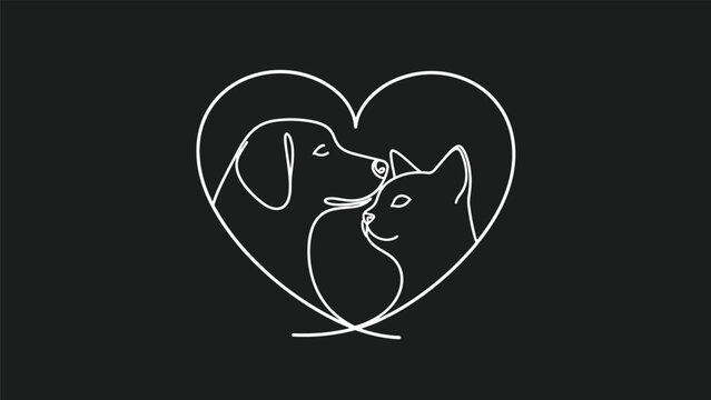 Minimalist single line art illustration of dog and cat face profiles forming a heart shape on black background.