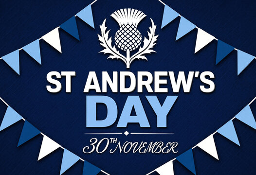 Colorful st andrews day celebration poster with thistle emblem and festive bunting design