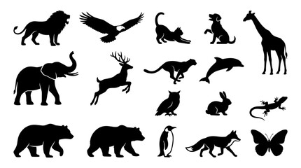 Obraz premium Animals in Silhouette Including Lions, Birds, Cats, Giraffes, Elephants, Deer, Dolphins, Bears, Rabbits, and Butterflies