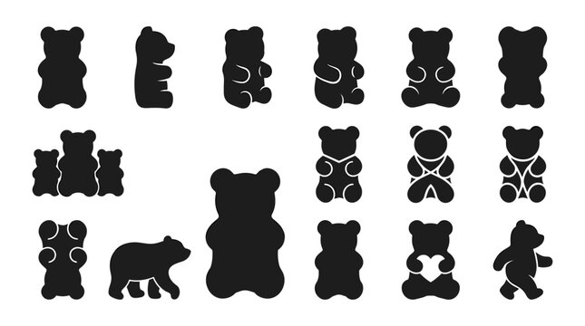 Gummy Bears in Various Shapes and Designs, Including Solid and Patterned Styles, Shown in Black and White