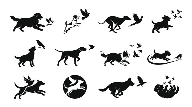 Dogs Chasing Birds in Silhouette Illustrations Featuring Dog, Bird, Chase with Hunting and Black Elements for White, Illustration