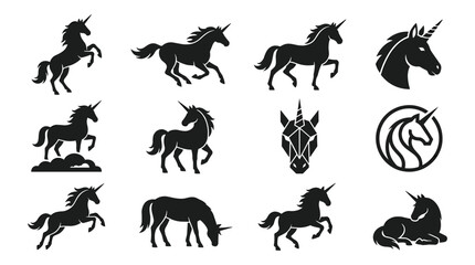Obraz premium Unicorns in Various Poses and Styles, Black Silhouettes on White Background Featuring Unicorn, Mythical, Fantasy with Horse