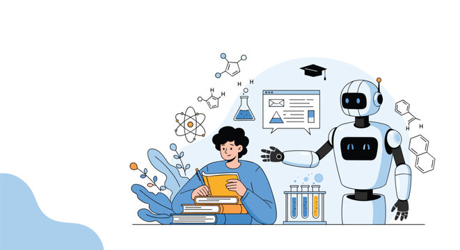 Smart educational assistant robot helping a young student learn chemistry and prepare for school exams.