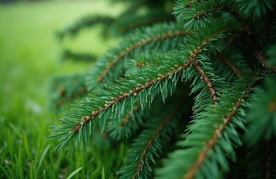 Closeup of Pinus cembra branch with sharp green needles on blurry background. Swiss stone pine foliage grows in forest park. Conifer evergreen tree texture grows outdoors in summer. Botanical nature
