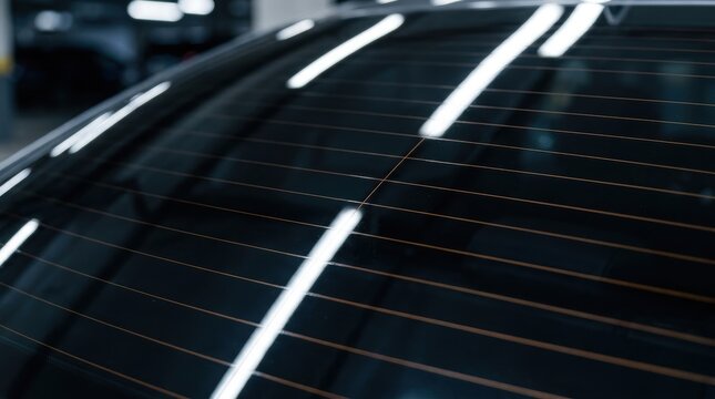 Close up of a tinted car rear window with embedded heating elements and light reflections