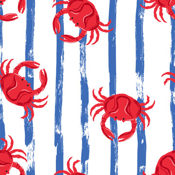 Red crab seamless pattern on blue striped background. Vector watercolor marine seafood background, print design