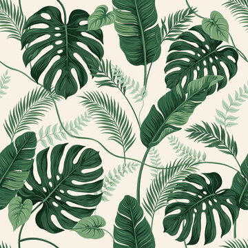 Tropical leaves pattern featuring monstera ferns and palms on light background