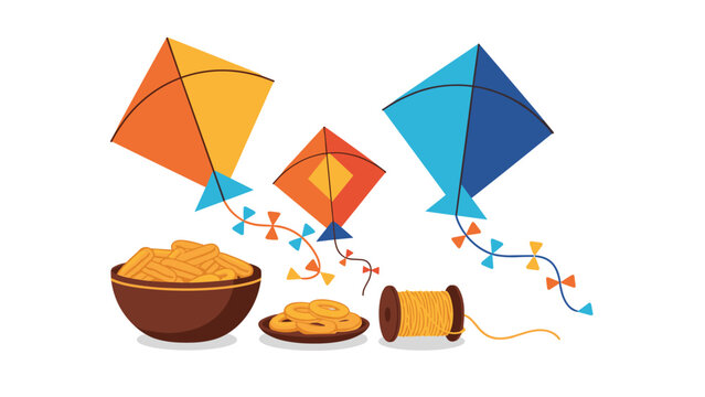 Beautiful Makar Sankranti festival elements with colorful flying kites, traditional Indian sweets, and thread spool.