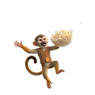 A happy 3d squirrel monkey character wearing a brown vest and name tag, holding a glass bowl filled with fresh popcorn on a white background