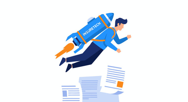 Insuretech Innovation Concept: Businessman Flying with Rocket Jetpack over Insurance Documents, Digital Transformation and Insurance Technology Success