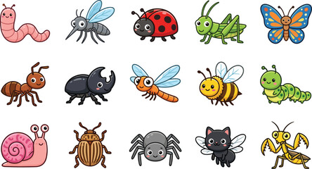 Cute cartoon insects and garden bugs vector collection set with butterfly bee ladybug snail ant and spider © MSTSABINA
