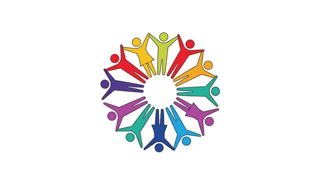 Multiple colorful stick figures of different colors hold hands to form a circular ring of unity and friendship.