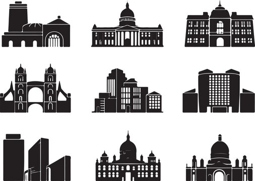 Black and white silhouettes of churches and skyscrapers