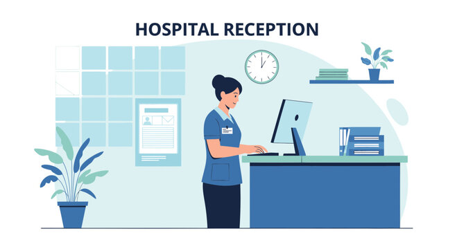 Hospital Receptionist Working at Desk with Computer and Patient Information