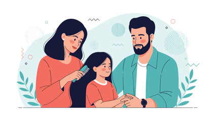 Fototapeta premium Caring mother brushes her young daughter's long dark hair while the loving father holds her hand tenderly.