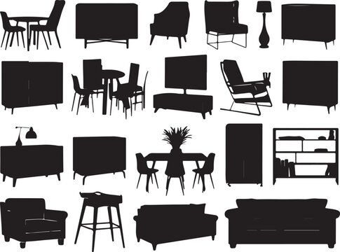Black and white traced of furniture and plants chair table