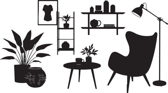 Black silhouette of plants, animals, and on white background
