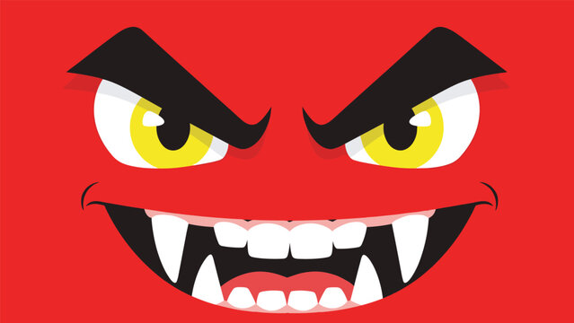 Fierce red devil face with glowing yellow eyes, dark eyebrows, and sharp white fangs fills the entire frame.
