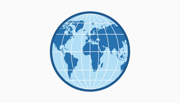 Stylized flat vector icon of the world globe featuring map grids in beautiful shades of blue color isolated on white.