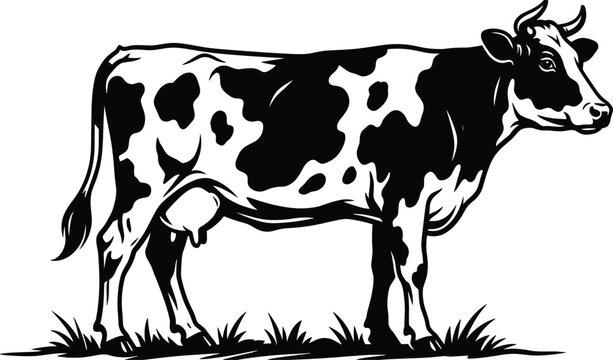 Dairy cow standing on grass field black and white vector silhouette clip art isolated on white background