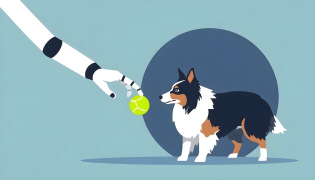 Minimalist vector art robotic hand playing with dog
