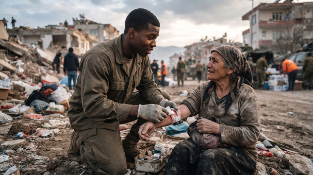Modern humanitarian soldier providing emergency assistance and first aid to civilians after a natural disaster, emphasizing compassion, service, and resilience