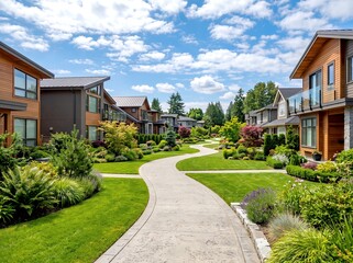 Fototapeta premium 青空と白い雲が広がる美しい住宅街の小道と手入れされた庭園