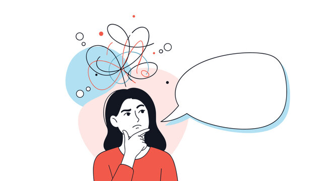 Thoughtful young woman with a tangled scribble in her mind standing next to an empty speech bubble for copy space.