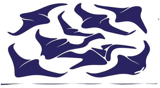 Blue manta ray silhouettes graphic illustration of a school of stingrays swimming for marine design