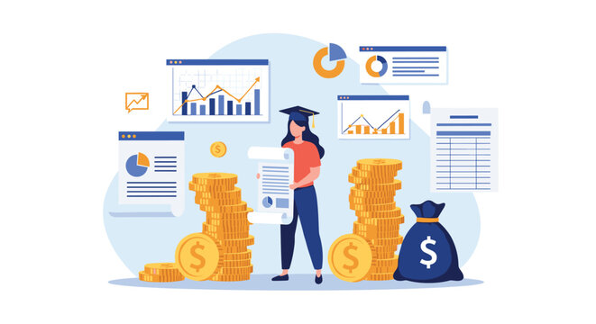 Female graduate student evaluating financial cost and investment lifetime value of higher university academic education.