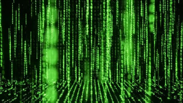 View of green binary code flowing in a digital space at night
