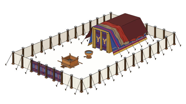The Tabernacle of Israel Biblical Dwelling Place of God Tent of Meeting Altar of Burnt Offering Bronze Laver Courtyard Pillars Hangings Illustration