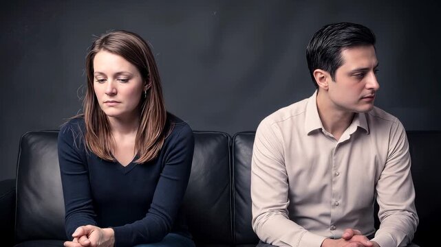 Couple sitting on leather sofa looking in opposite directions during conflict. Relationship difficulties and emotional distance between man and woman. Panning and tilting camera movement.