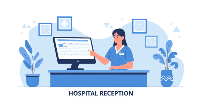 Hospital Receptionist at Desk with Computer, Patient Schedule, Medical Cross Icons