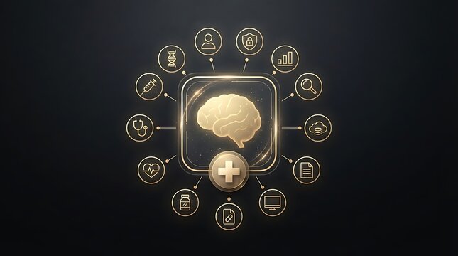 Futuristic medical AI brain interface, glowing golden healthcare icons on dark background, digital neurology and cognitive science concept