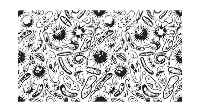 Seamless black and white vector pattern featuring hand-drawn style illustrations of various bacteria, viruses, and microorganisms, ideal for scientific backgrounds.