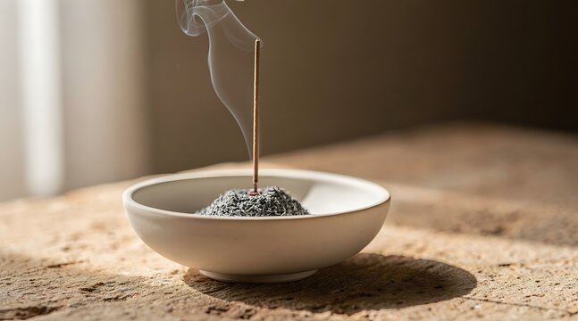 Incense stick burning in a ceramic bowl, releasing fragrant smoke and creating a serene atmosphere.