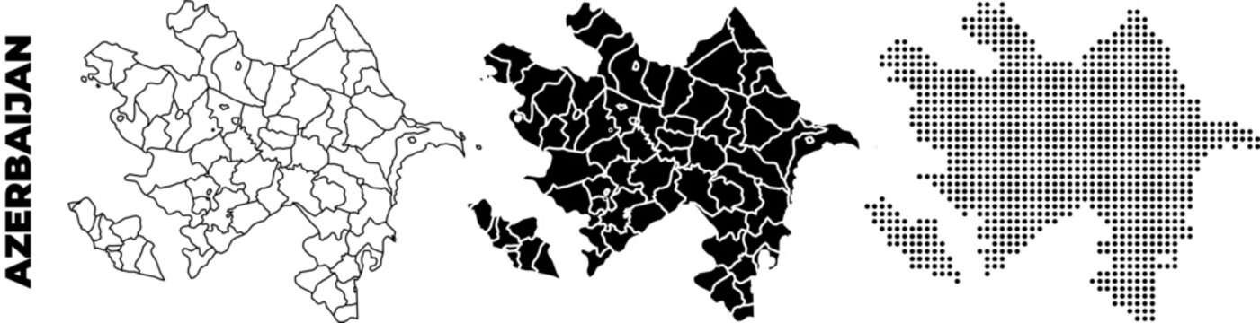 Azerbaijan map icon set with administrative regions in outline, solid and halftone styles