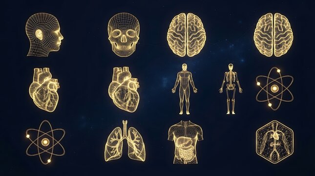 Futuristic medical icons set, glowing golden wireframe human anatomy symbols, digital health and science technology illustrations on dark background