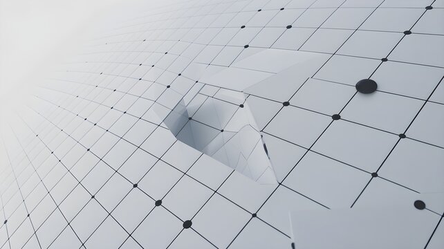 Abstract 3d digital grid structure with a geometric hole and floating dark spheres in a minimalist white space