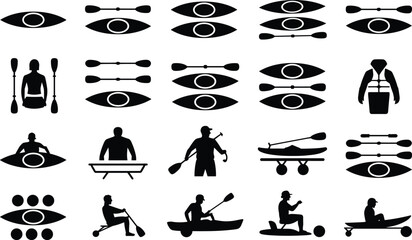 Kayaking and canoeing icons set with paddles boats and rowers in vector silhouette style © MstRina