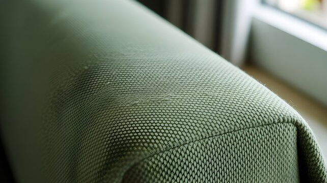 Closeup of a textured sage green fabric sofa upholstery with visible weave pattern